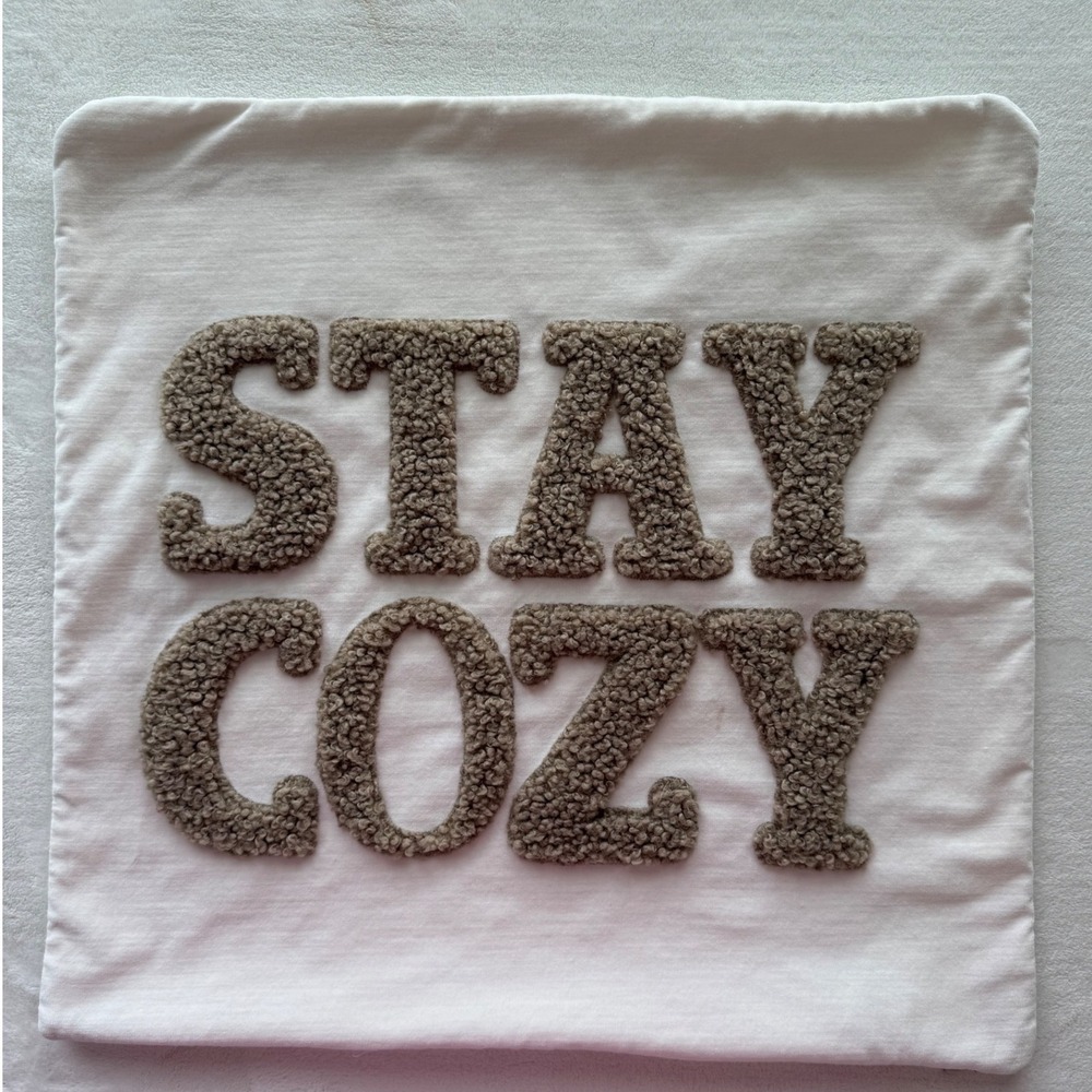 Pottery Barn STAY COZY Teddy Faux Fur Applique Pillow Cover 20" Sq SEE FLAW